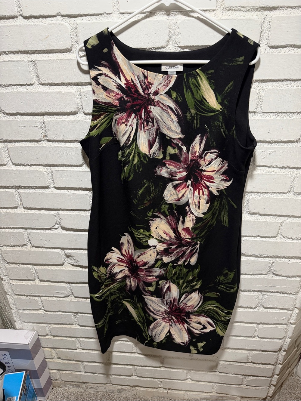 Calvin Klein Black Floral Midi Sheath with Cream & Green Blooms